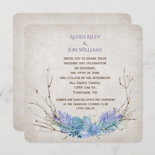 Invitation bouquet de brindilles violette et mariage d'aqua s