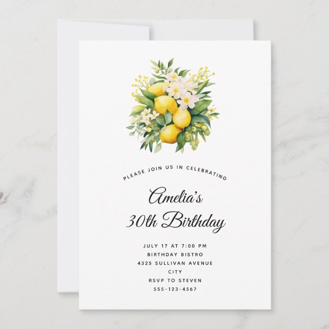 Invitation Bouquet de citrons avec fleurs blanches Anniversai (Devant)