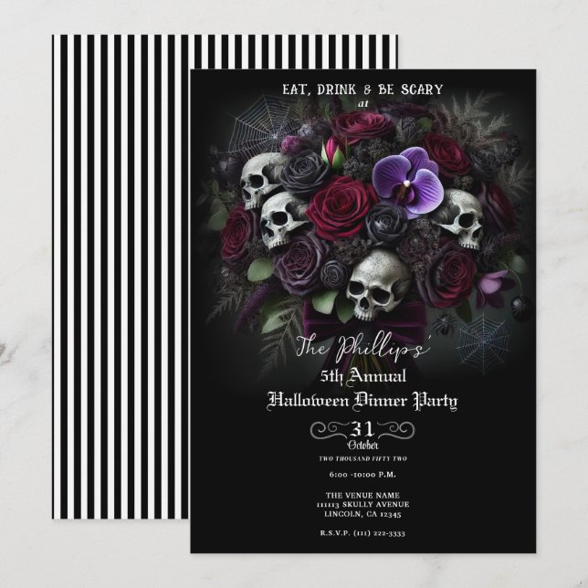 Invitation Bouquet de crâne floral Gothique Soirée d'Hallowee (Devant / Derrière)