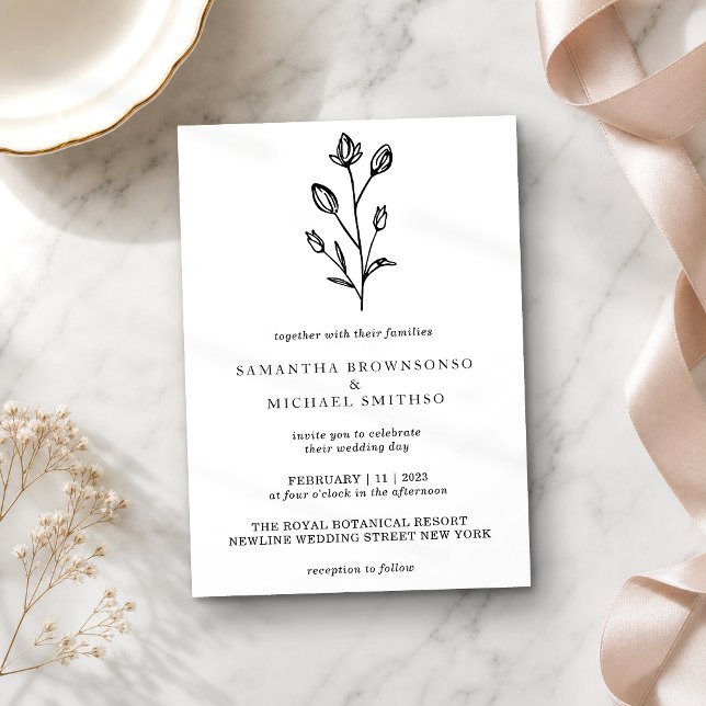Invitation Bouquet de fleurs à lettrage noir et blanc Botaniq (Créateur téléchargé)