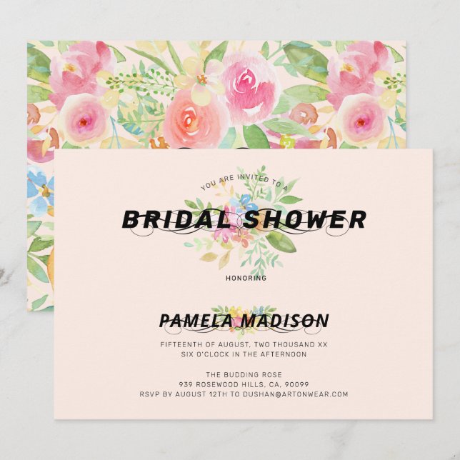 Invitation Bouquet de fleurs aquarelle & typographie moderne (Devant / Derrière)