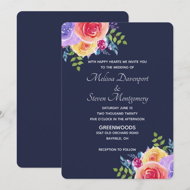 Invitation Bouquet de fleurs aquarelles pour mariage moderne (Devant / Derrière)