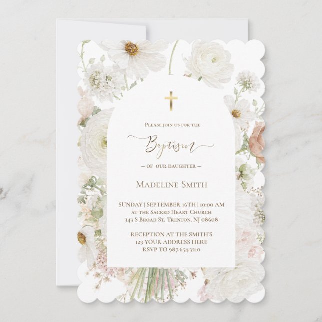 Invitation Bouquet de fleurs blanches aquarelle baptême (Devant)