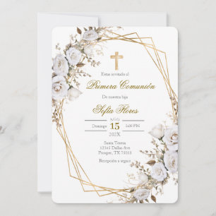 Invitation Bouquet de fleurs blanches première communion en e