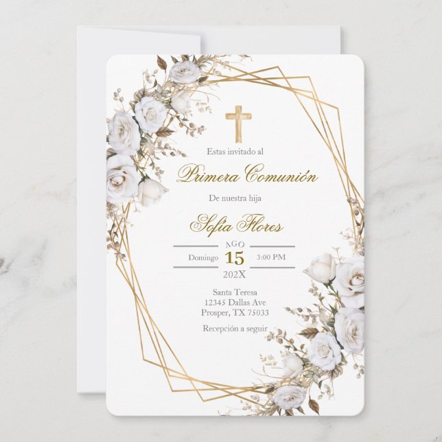 Invitation Bouquet de fleurs blanches première communion en e (Devant)