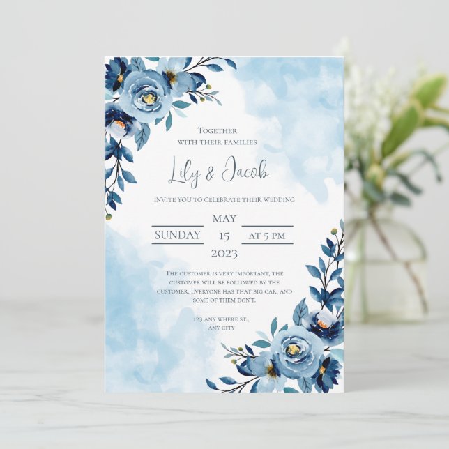 Invitation Bouquet de fleurs bleues aquarelles pour mariage  (Debout devant)