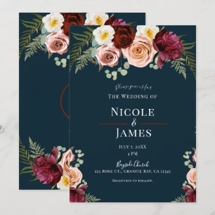 Invitation Bouquet de fleurs bleues marine avec feuillage pou