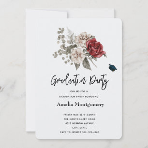 Invitation Bouquet de fleurs bohème crème et rose rouge pour