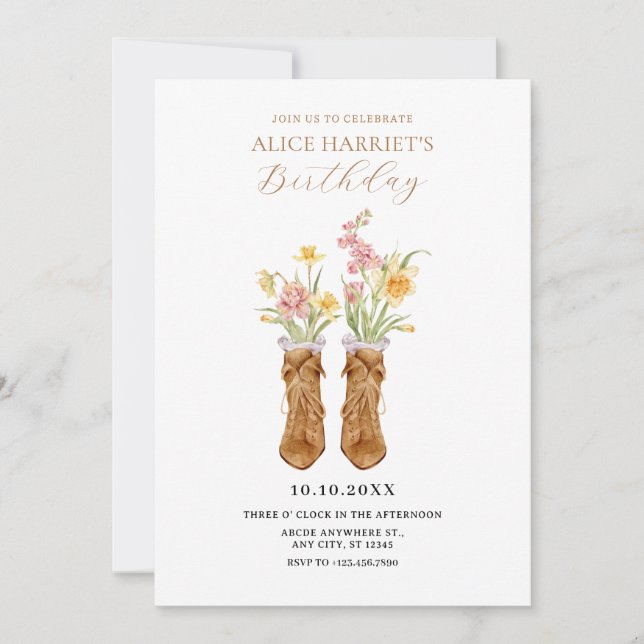 Invitation Bouquet de fleurs bottes vintages anniversaire (Devant)