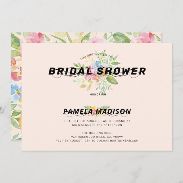 Invitation Bouquet de fleurs d'aquarelle et typographie moder (Devant / Derrière)
