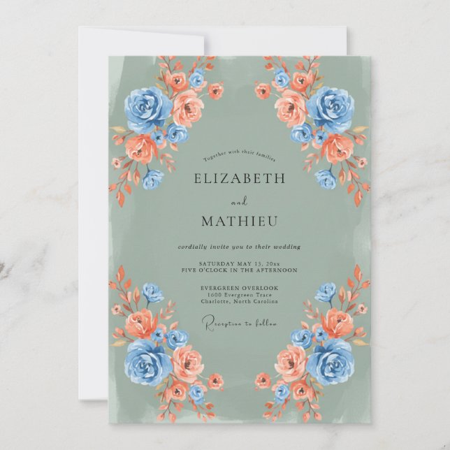 Invitation Bouquet de fleurs de corail bleu Mariage (Devant)