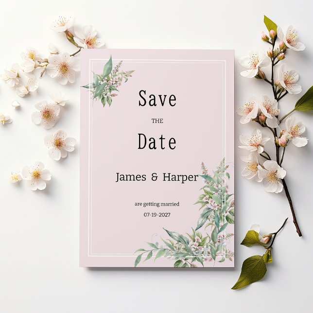 Invitation Bouquet de fleurs de menthe rose Aquarelle Enregis (Watercolor pink mint flower bouquet Save the Date)