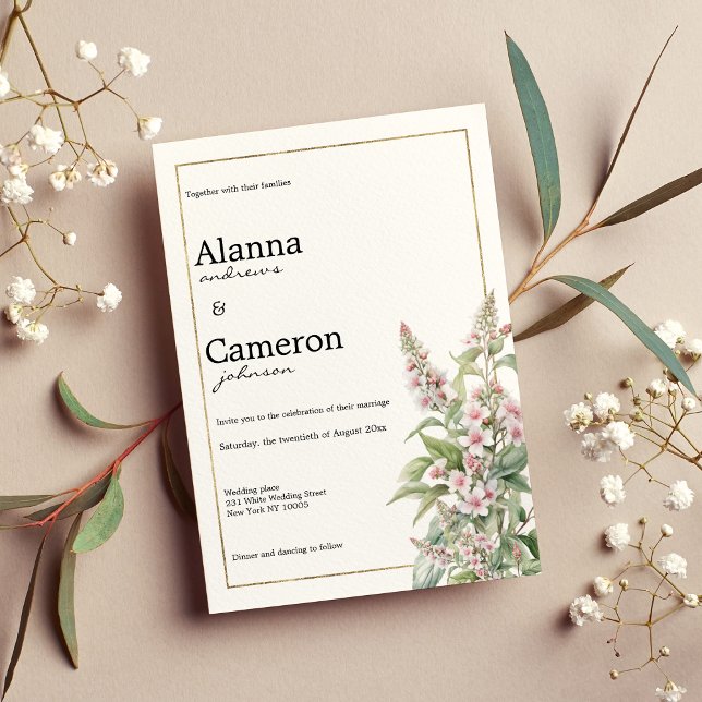 Invitation Bouquet de fleurs de menthe rose botanique mariage (Botanical pink mint flower bouquet wedding)