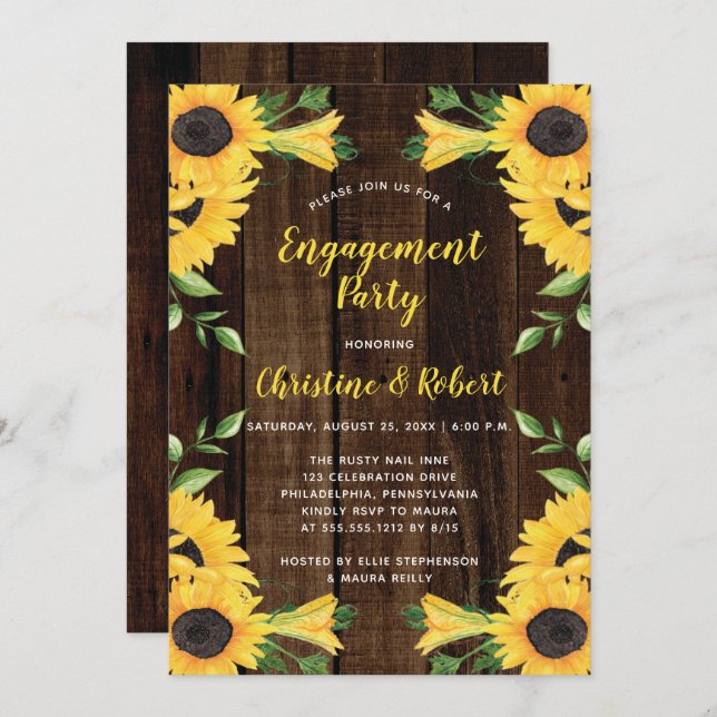 Invitation Bouquet de fleurs de tournesol | Wood Engagement P (Devant / Derrière)