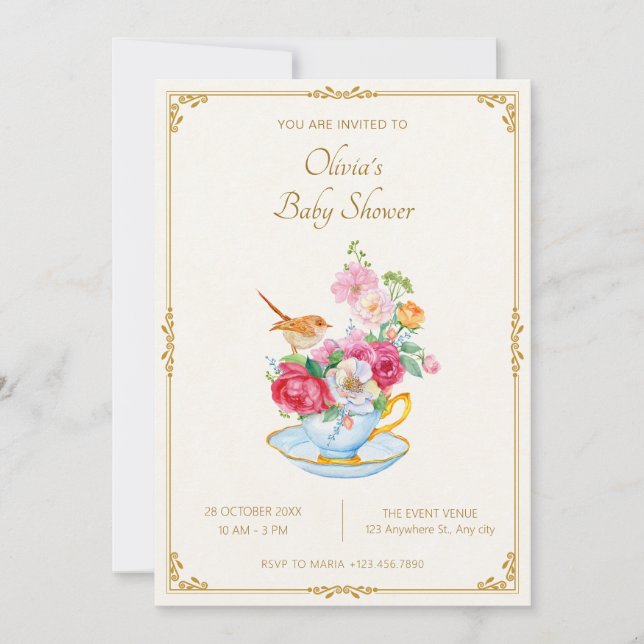 Invitation Bouquet de fleurs esthétique baby shower tasse de  (Devant)