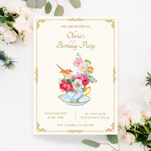 Invitation Bouquet de fleurs esthétique tasse de thé annivers