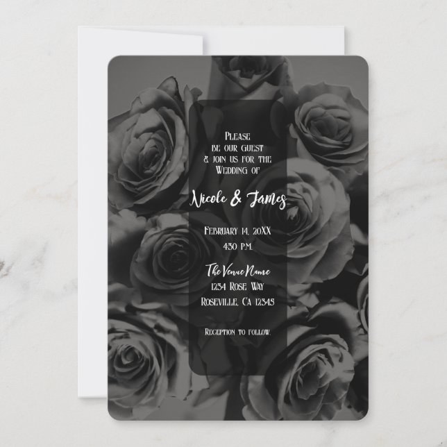 Invitation Bouquet de fleurs mariage Roses Noir & Gris Foncé (Devant)