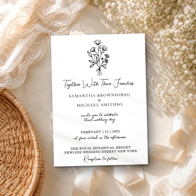 Invitation Bouquet de fleurs noir et blanc Boho Minimal (Créateur téléchargé)