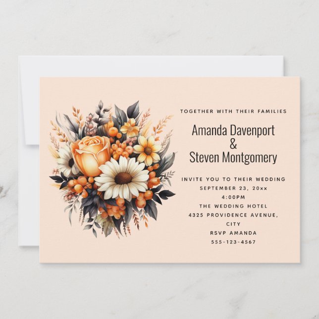 Invitation Bouquet de fleurs orange jaune gris Mariage (Devant)