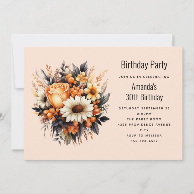 Invitation Bouquet de fleurs orange jaune gris pour anniversa (Devant)