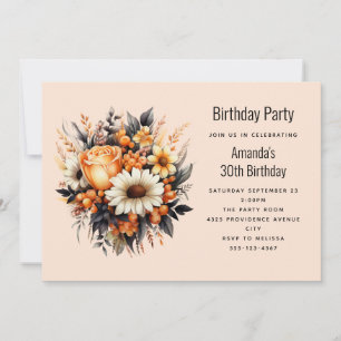 Invitation Bouquet de fleurs orange jaune gris pour anniversa