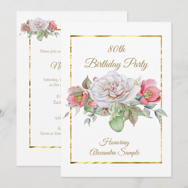Invitation Bouquet de fleurs rose blanc pour fête d'anniversa (Devant / Derrière)