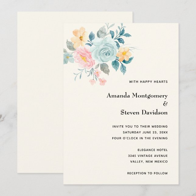 Invitation Bouquet de fleurs rose et bleu élégant - Mariage (Devant / Derrière)