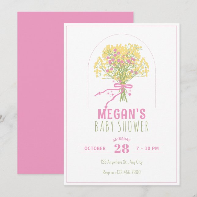 Invitation Bouquet de fleurs rose jaune baby shower (Devant / Derrière)