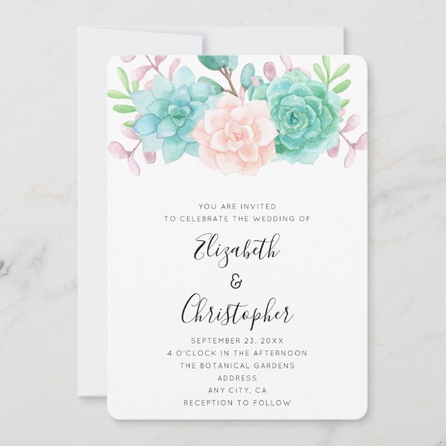 Invitation Bouquet de fleurs rose pastel et vert pour mariage (Devant)