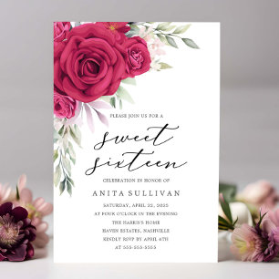 Invitation Bouquet de fleurs rouges Sweet sixteen 16 Annivers