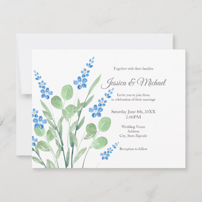Invitation Bouquet de Fleurs sauvages d'aquarelle bleue (Devant)