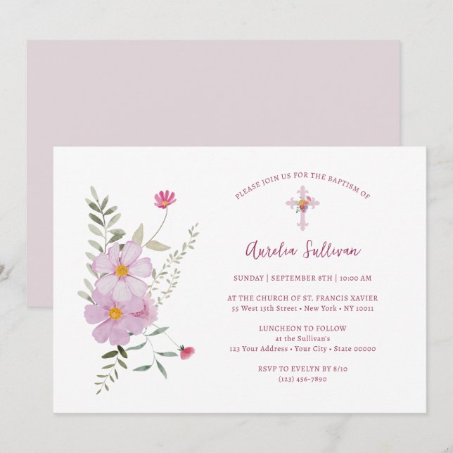 Invitation Bouquet de fleurs sauvages simples Baptême (Devant / Derrière)
