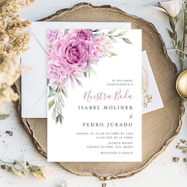 Invitation Bouquet de fleurs violettes Nuestra Boda Mariage e (Créateur téléchargé)