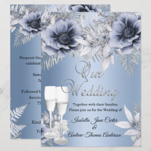 Invitation Bouquet de mariage bleu argent floral champagne