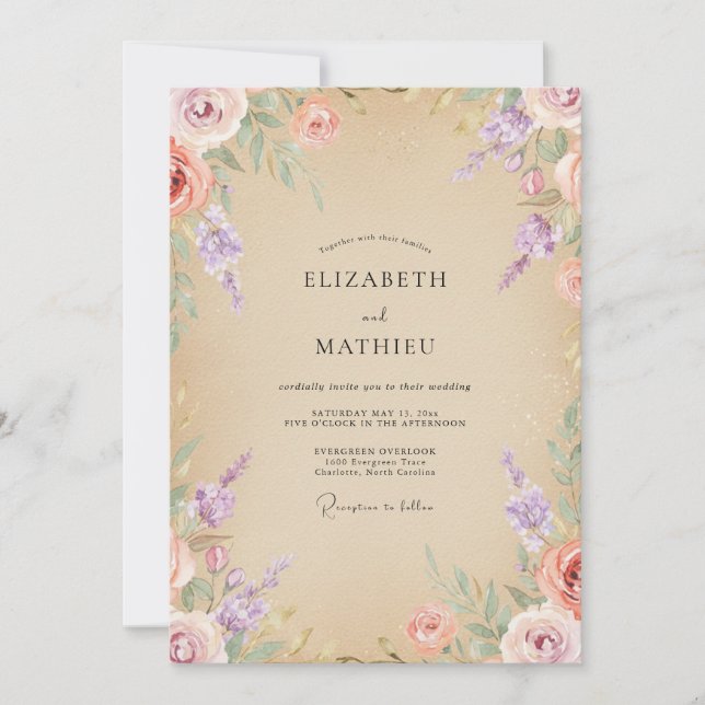 Invitation Bouquet de mariage Champagne Pêche Eucalyptus (Devant)