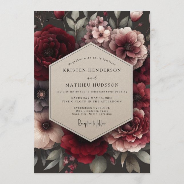 Invitation Bouquet de mariage décadent bordeaux (Devant)