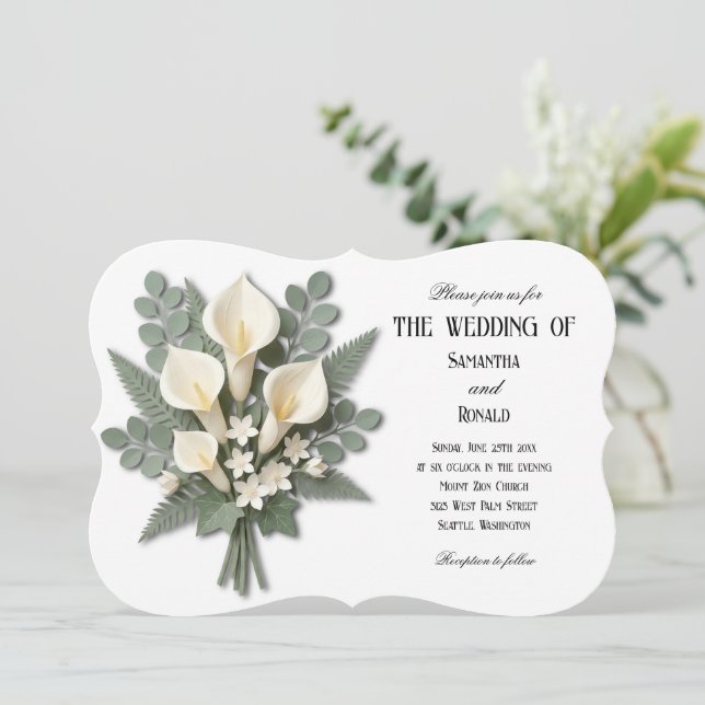 Invitation Bouquet de mariage élégant de callas blancs (Debout devant)