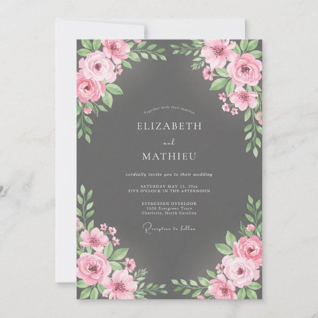 Invitation Bouquet de mariage Eucalyptus au Blush Charbon (Devant)