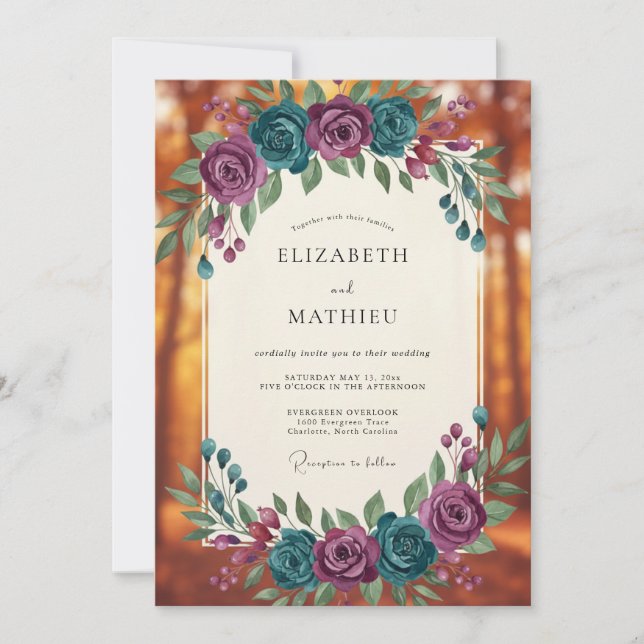 Invitation Bouquet de mariage Eucalyptus sarcelle et Améthyst (Devant)