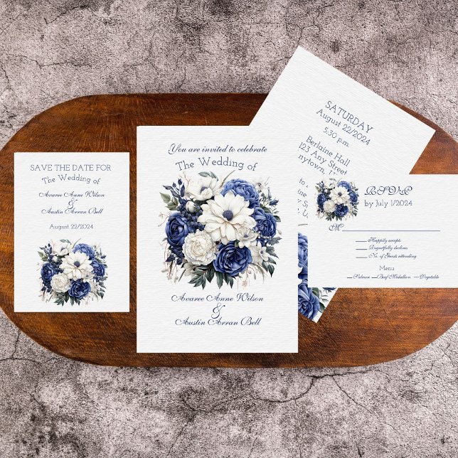 Invitation Bouquet de Mariage floral bleu et blanc (Créateur téléchargé)