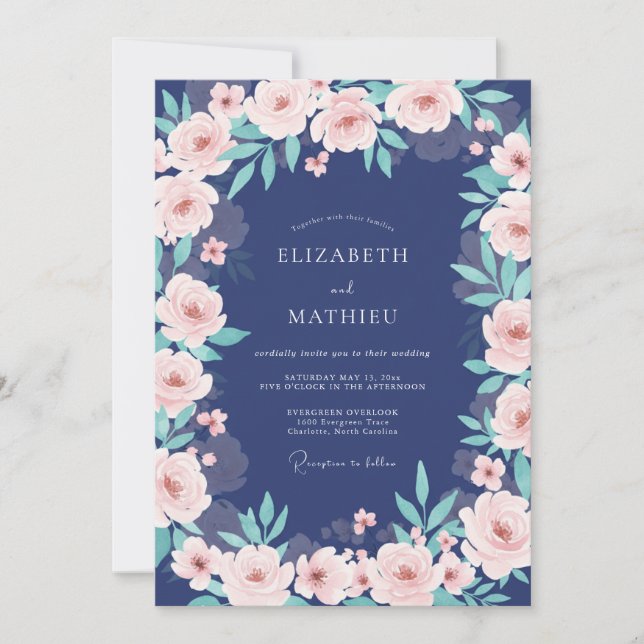 Invitation Bouquet de mariage floral rose Navy (Devant)