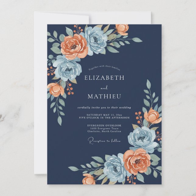 Invitation Bouquet de mariage Navy Coral Floral (Devant)