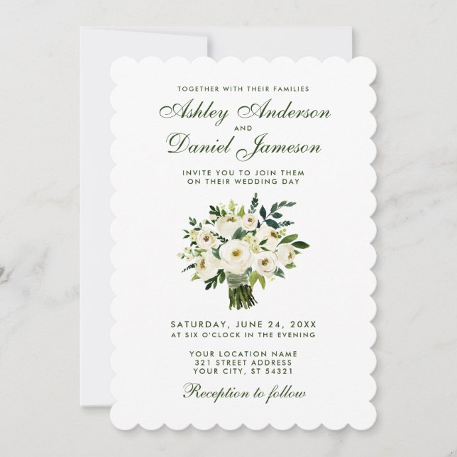 Invitation Bouquet de Mariage vert et blanc aquarelle (Devant)
