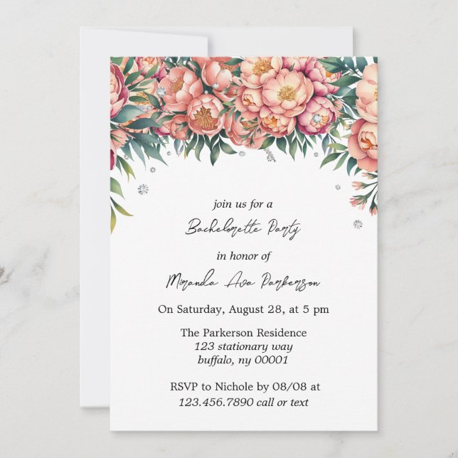 Invitation Bouquet de Pêche avec Diamants Bachelorette (Devant)