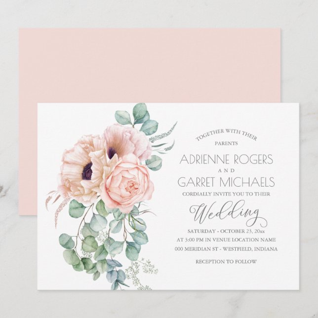 Invitation Bouquet De Pêche Avec Mariage De Verdure Eucalyptu (Devant / Derrière)