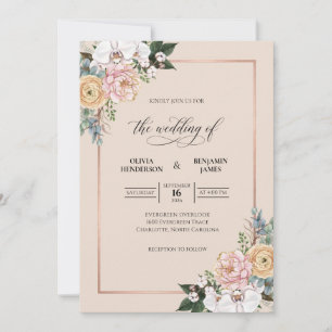 Invitation Bouquet de pêche Champagne Mariage Eucalyptus atté