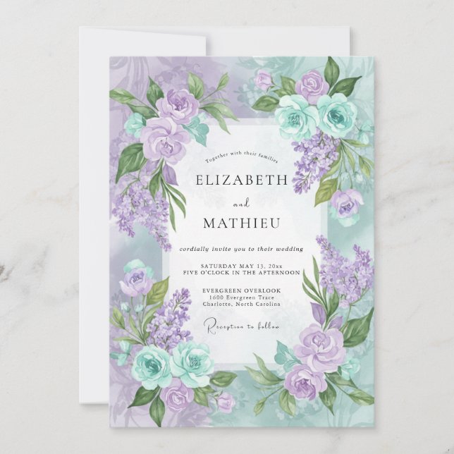 Invitation Bouquet de Pervenche Violette Mariage Eucalyptus (Devant)