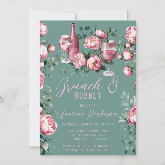 Invitation Bouquet de pivoine en aquarelle Brunch et bulle (Devant)