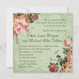 Invitation Bouquet de rose anglaise, Vintage et feuille de to