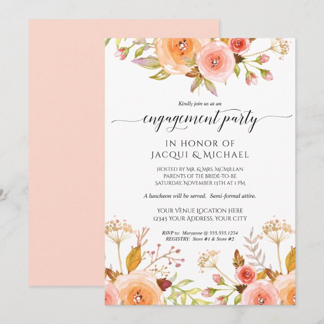 Invitation Bouquet de rose florale de la fête d'engagement (Devant / Derrière)